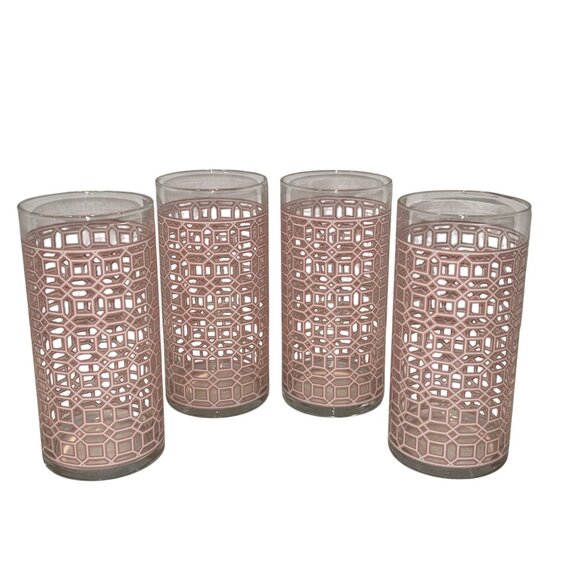 MCM Vintage Retro??? Pink & Clear Glass Tumblers With Modern Pattern Design 6 In - Picture 6 of 8